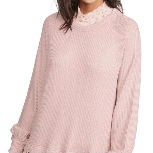 FREE PEOPLE: Sweet Escape Thermal Waffle Knit  Layered Floral Chiffon Dress..NWT - Picture 2 of 11